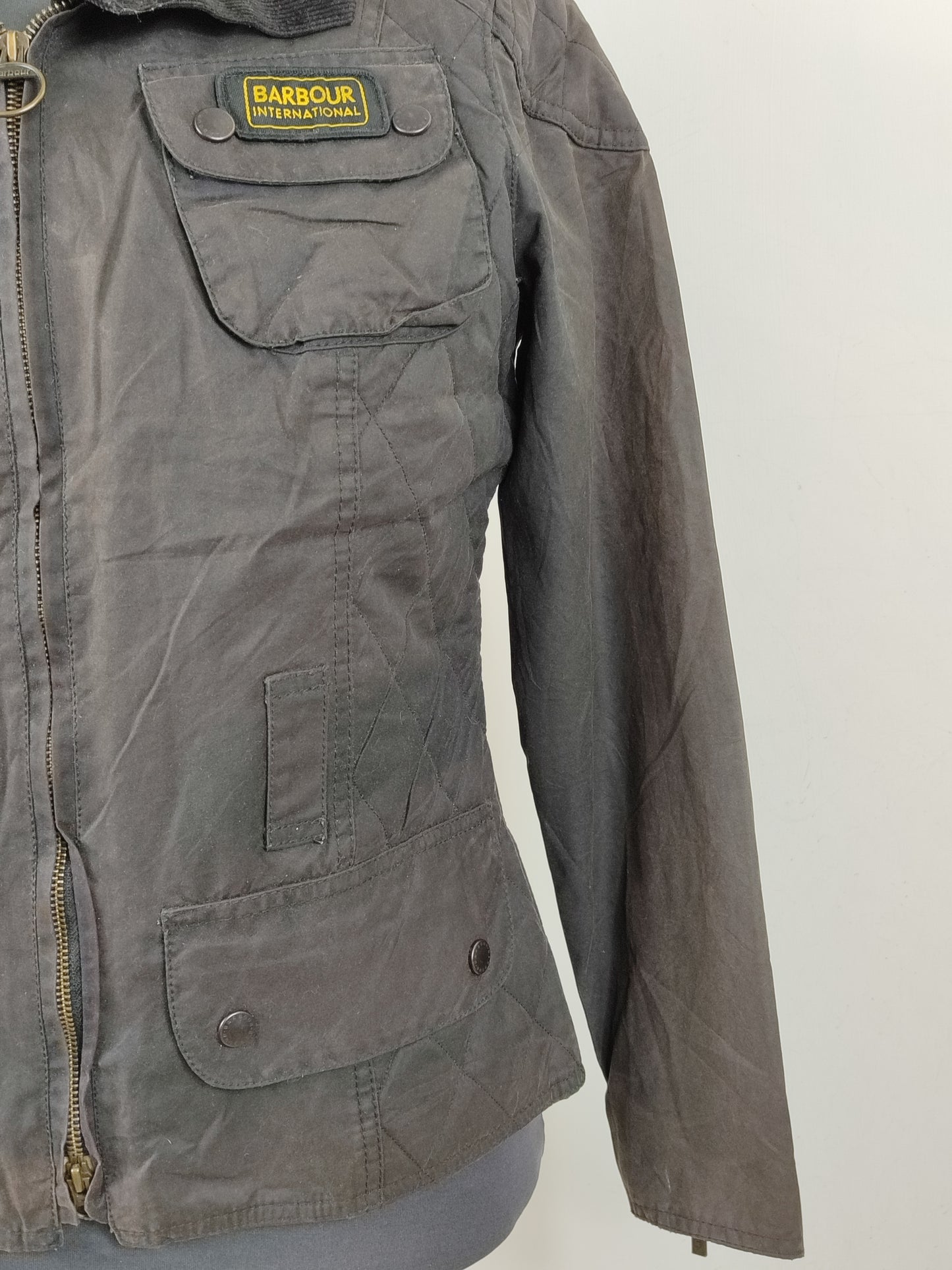 Barbour da donna Nero Small cerato Man Black waxed Biker Jacket Size UK10 Small