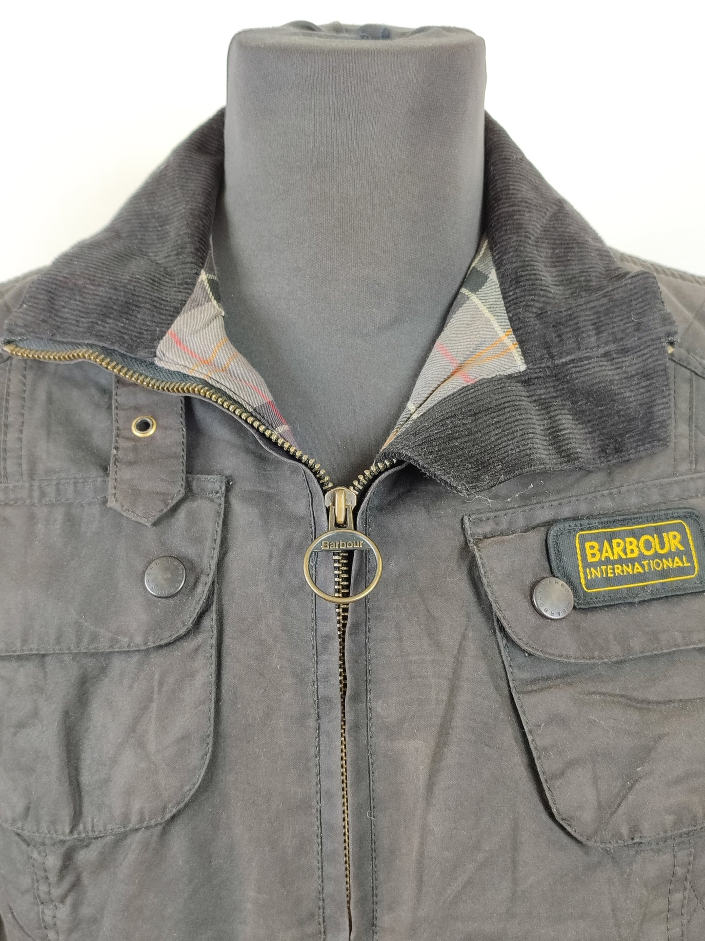 Barbour da donna Nero Small cerato Man Black waxed Biker Jacket Size UK10 Small