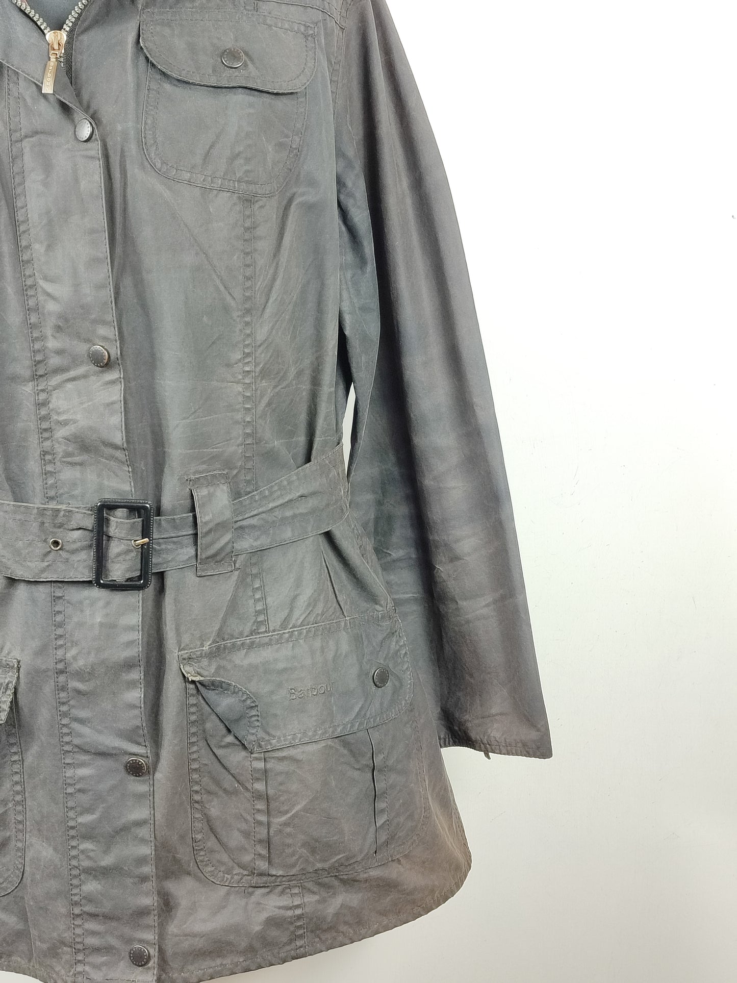 Giacca Barbour Unisex con cintura nera utility mac UK18 tg.48 - Black Waxed Utility Mac Jacket UK18