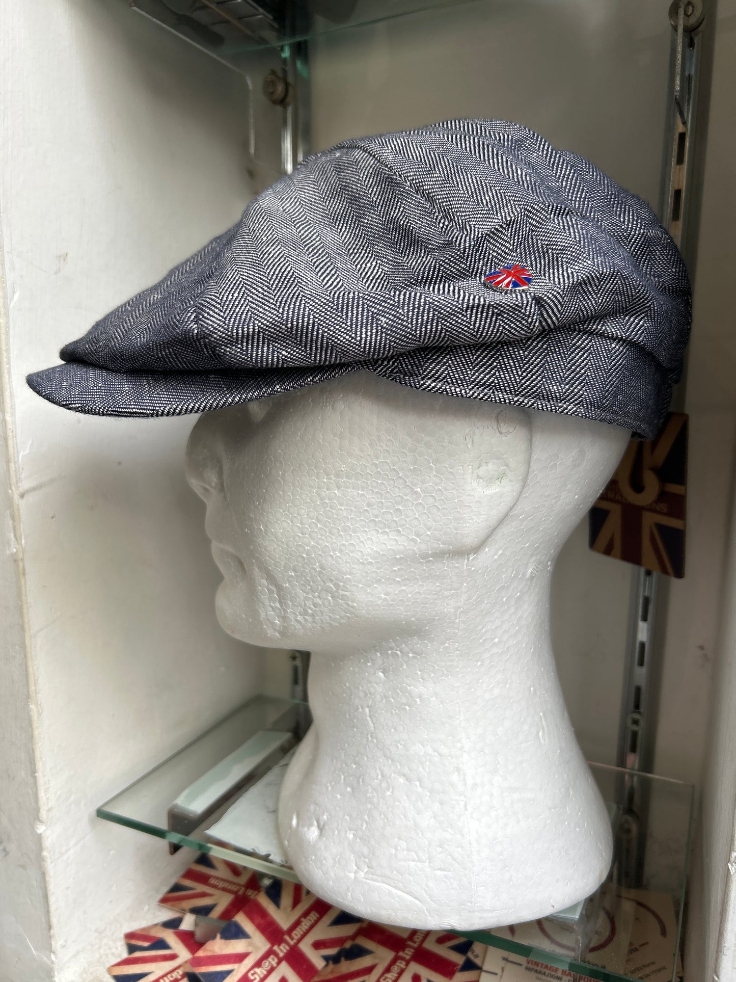 Coppola in lino inglese a otto spicchi Newsboy a spina di pesce con Union Jack - Linen Blue Newsboy Cap Union Jack