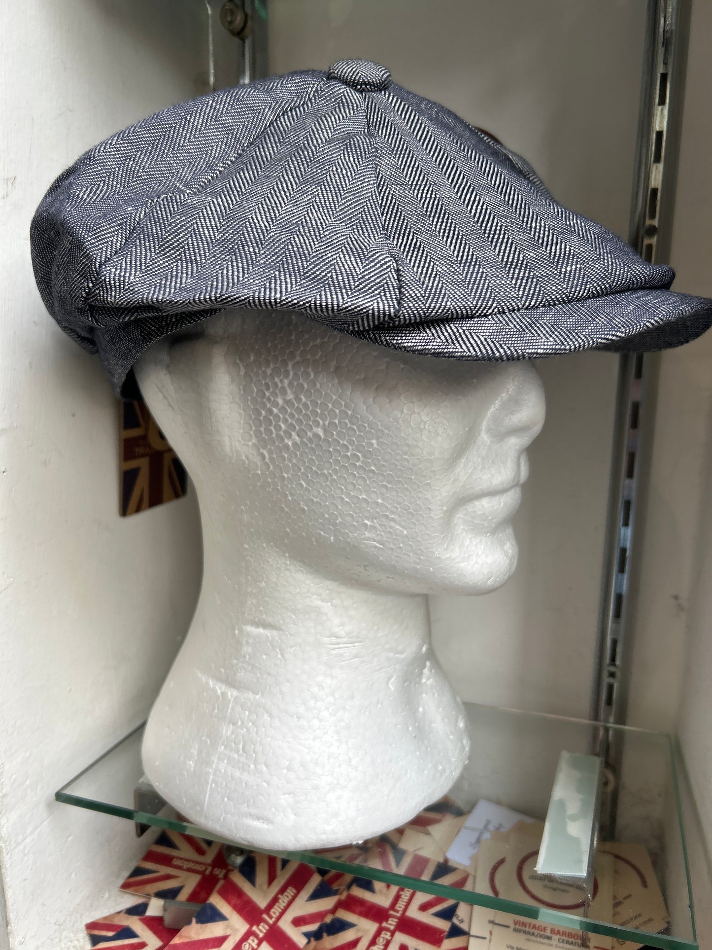 Coppola in lino inglese a otto spicchi Newsboy a spina di pesce con Union Jack - Linen Blue Newsboy Cap Union Jack