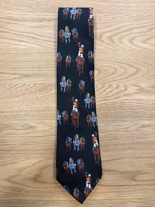 Cravatta inglese nera con giocatore di polo- English Black Horse racing Tie