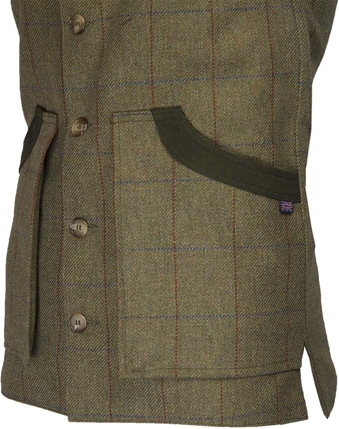 Gilet nuovo da uomo in tweed verde chiaro con inserti in Moleskin Derby Tweed Winston Waistcoat