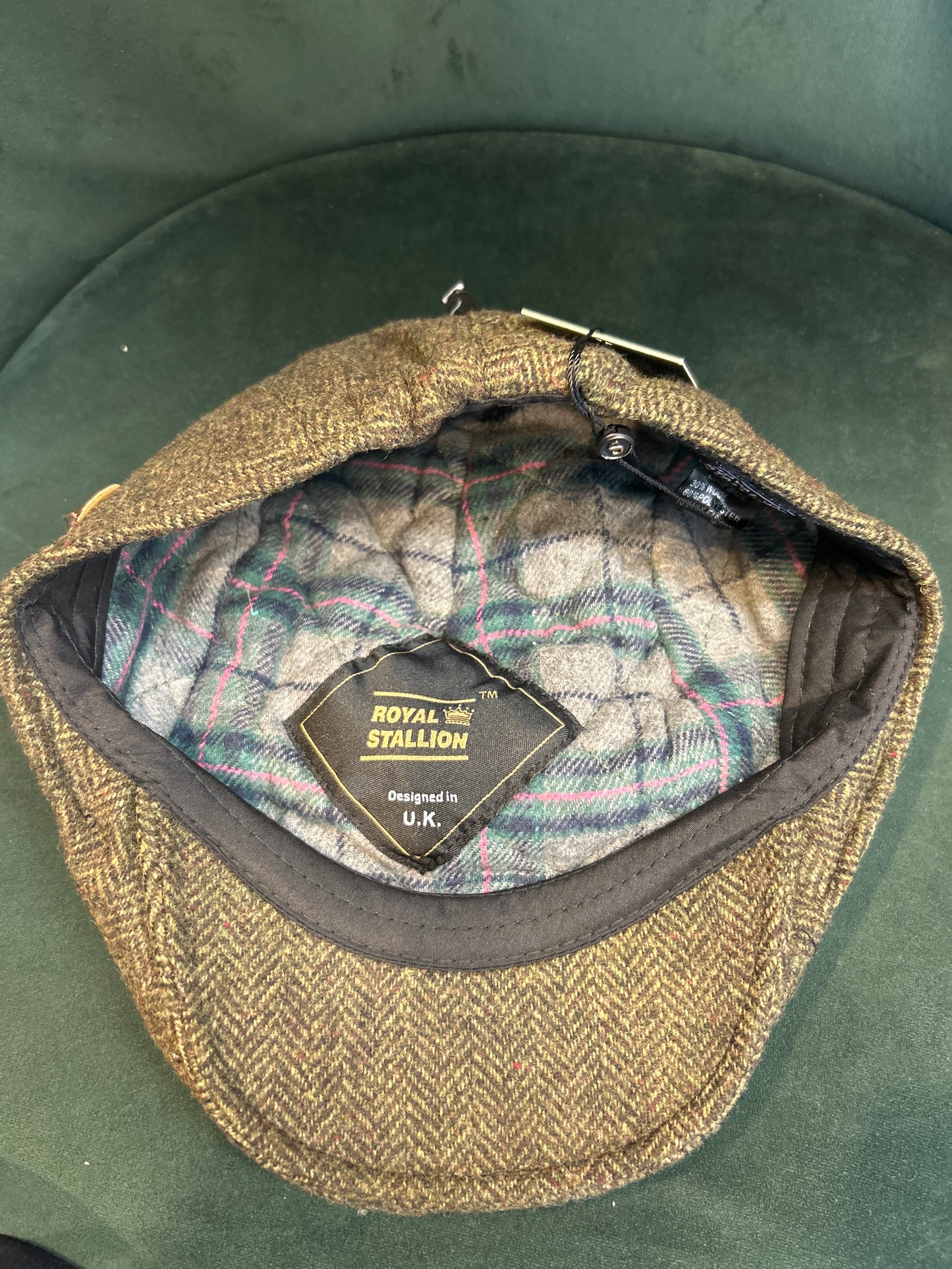 Coppola nuova inglese in lana liscia verde a spina di pesce- Wool green herringbone flat cap