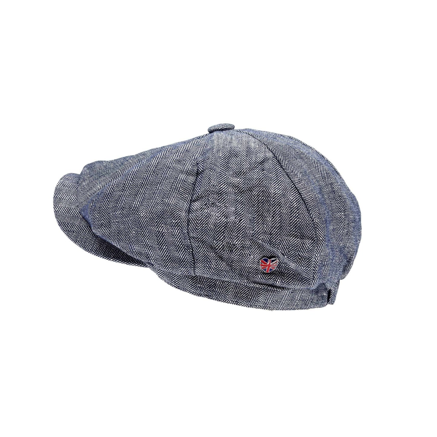 Coppola in lino inglese a otto spicchi Newsboy a spina di pesce con Union Jack - Linen Blue Newsboy Cap Union Jack