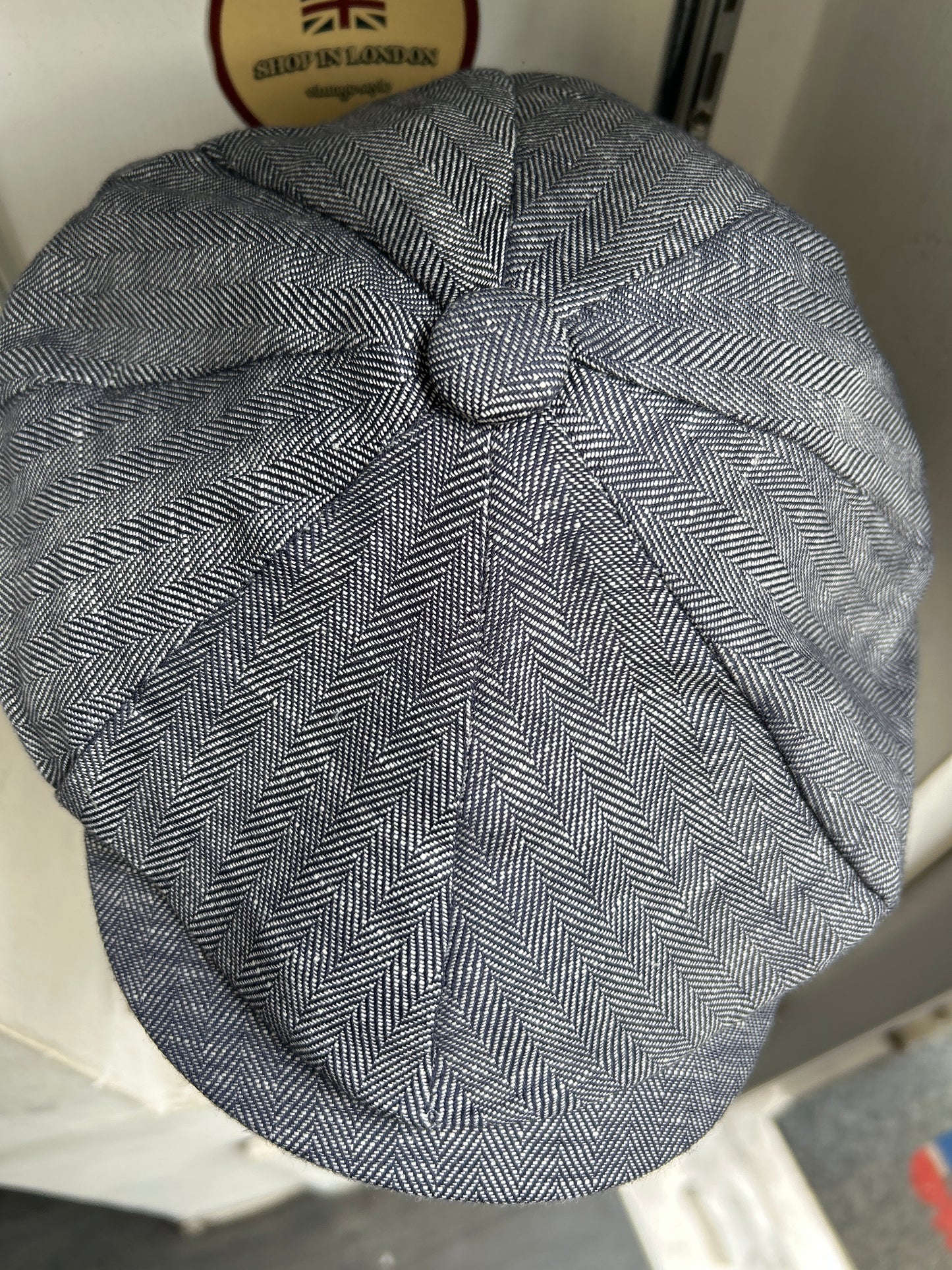 Coppola in lino inglese a otto spicchi Newsboy a spina di pesce con Union Jack - Linen Blue Newsboy Cap Union Jack