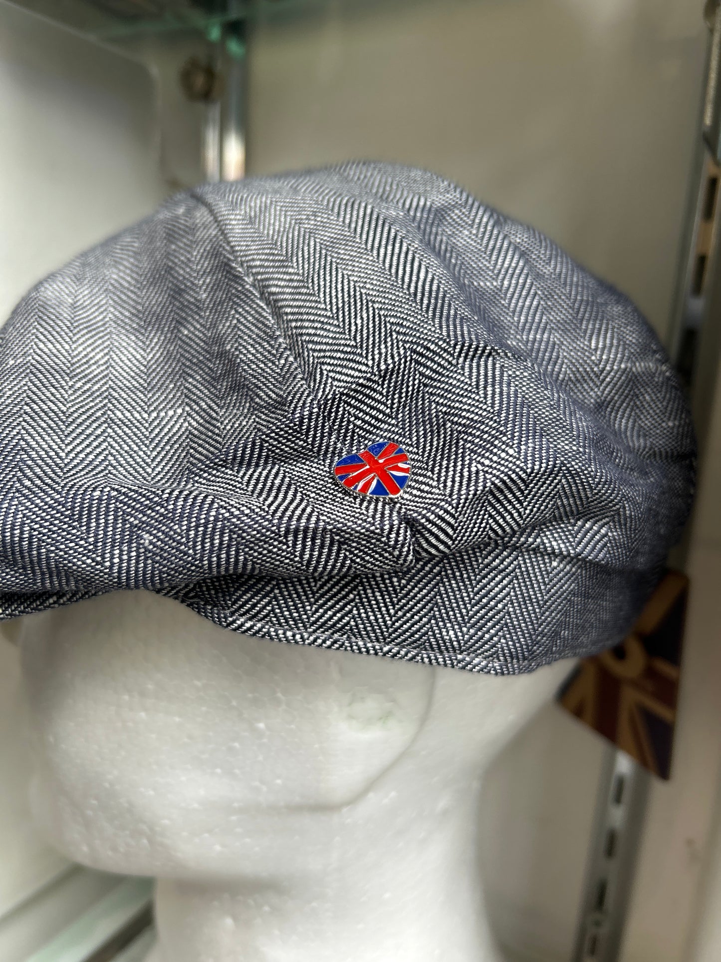 Coppola in lino inglese a otto spicchi Newsboy a spina di pesce con Union Jack - Linen Blue Newsboy Cap Union Jack