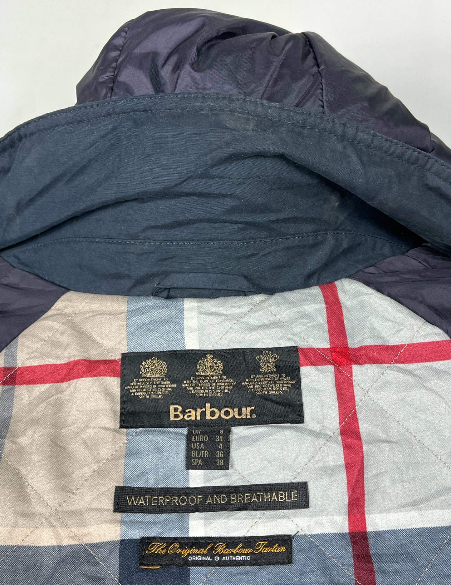 Giacca Barbour da donna blu con cappuccio Uk8 Xsmall- Navy waterproof jacket UK8