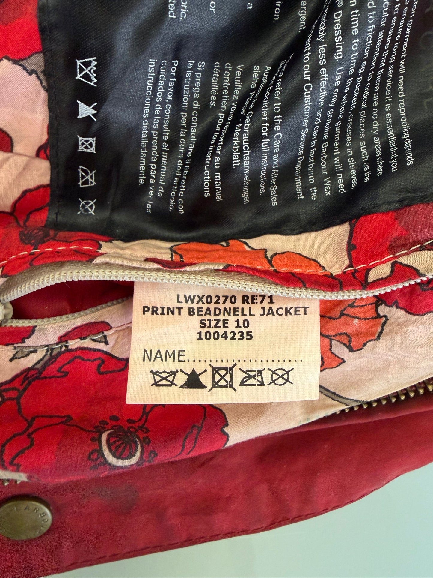 Giacca Barbour Print Beadnell rosso UK10 Small- Red Print Beadnell Lady Jacket UK10 tg 40