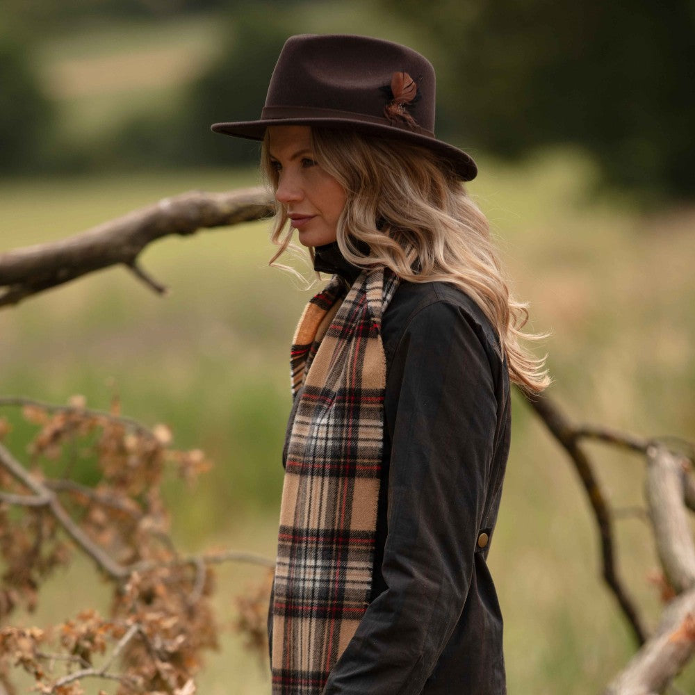 Cappello Fedora Unisex inglese in lana marrone con piuma