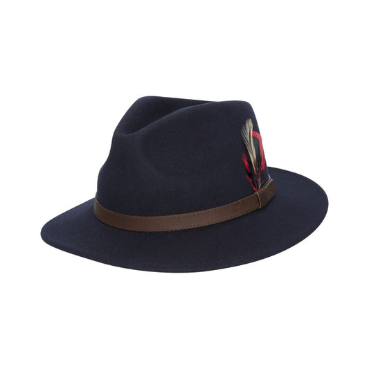 Cappello Fedora Unisex inglese in lana blu con piuma