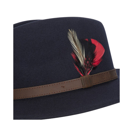 Cappello Fedora Unisex inglese in lana blu con piuma
