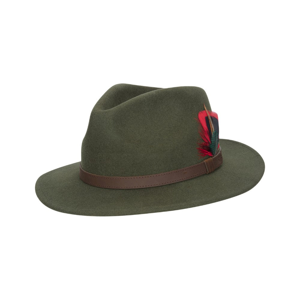Cappello Fedora Unisex inglese in lana verde con piuma