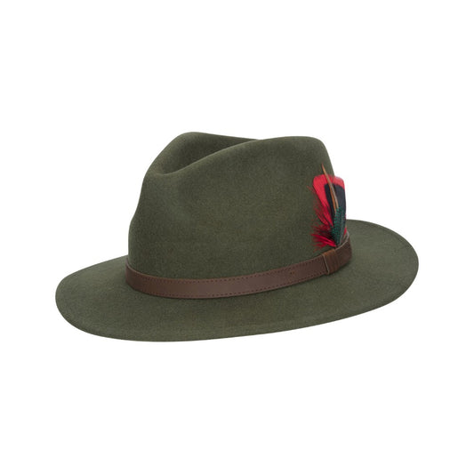 Cappello Fedora Unisex inglese in lana verde con piuma