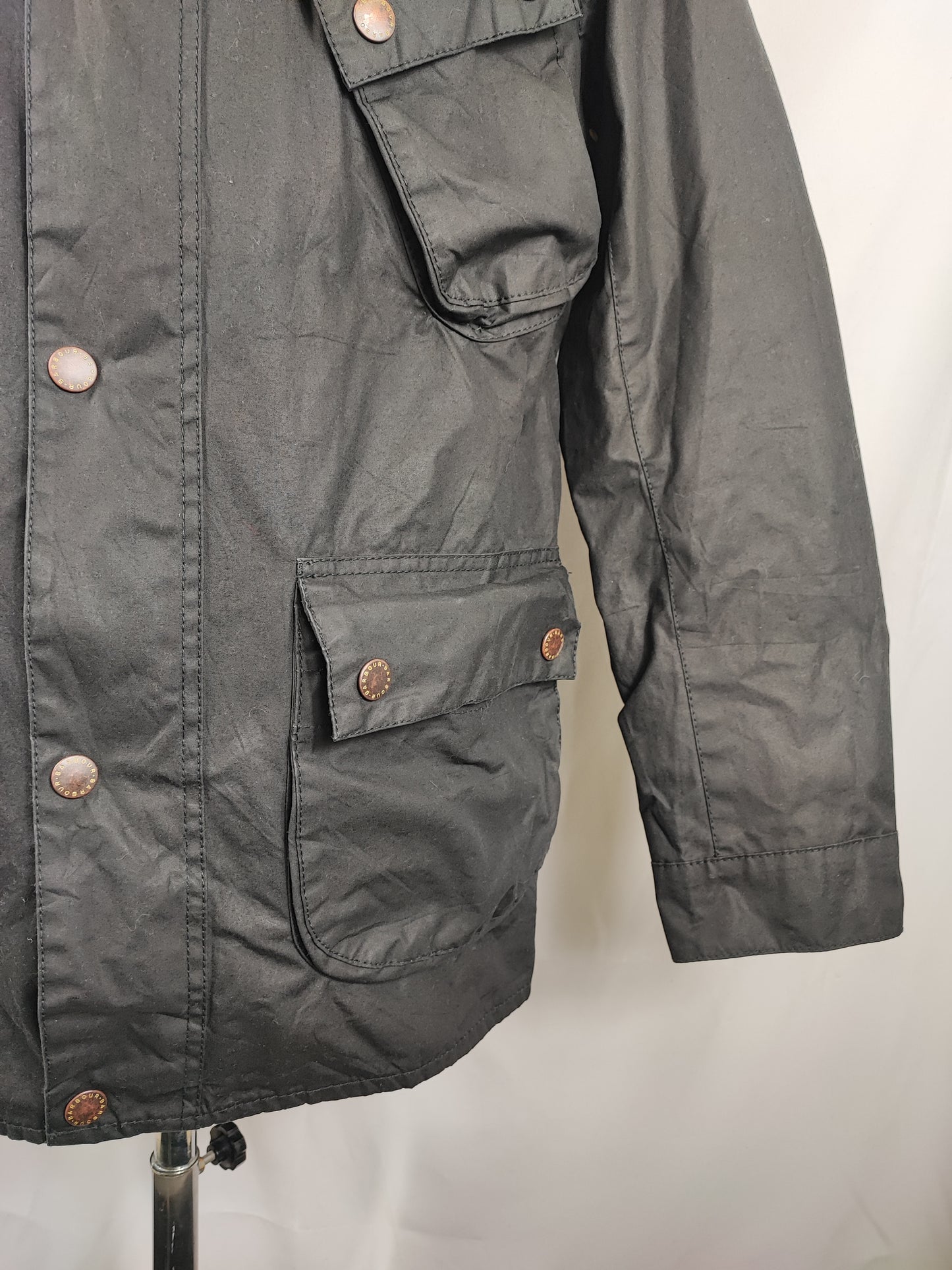 Barbour International Uomo Nero Slim Large Man Black Motorcycle waxed Jacket Size Large