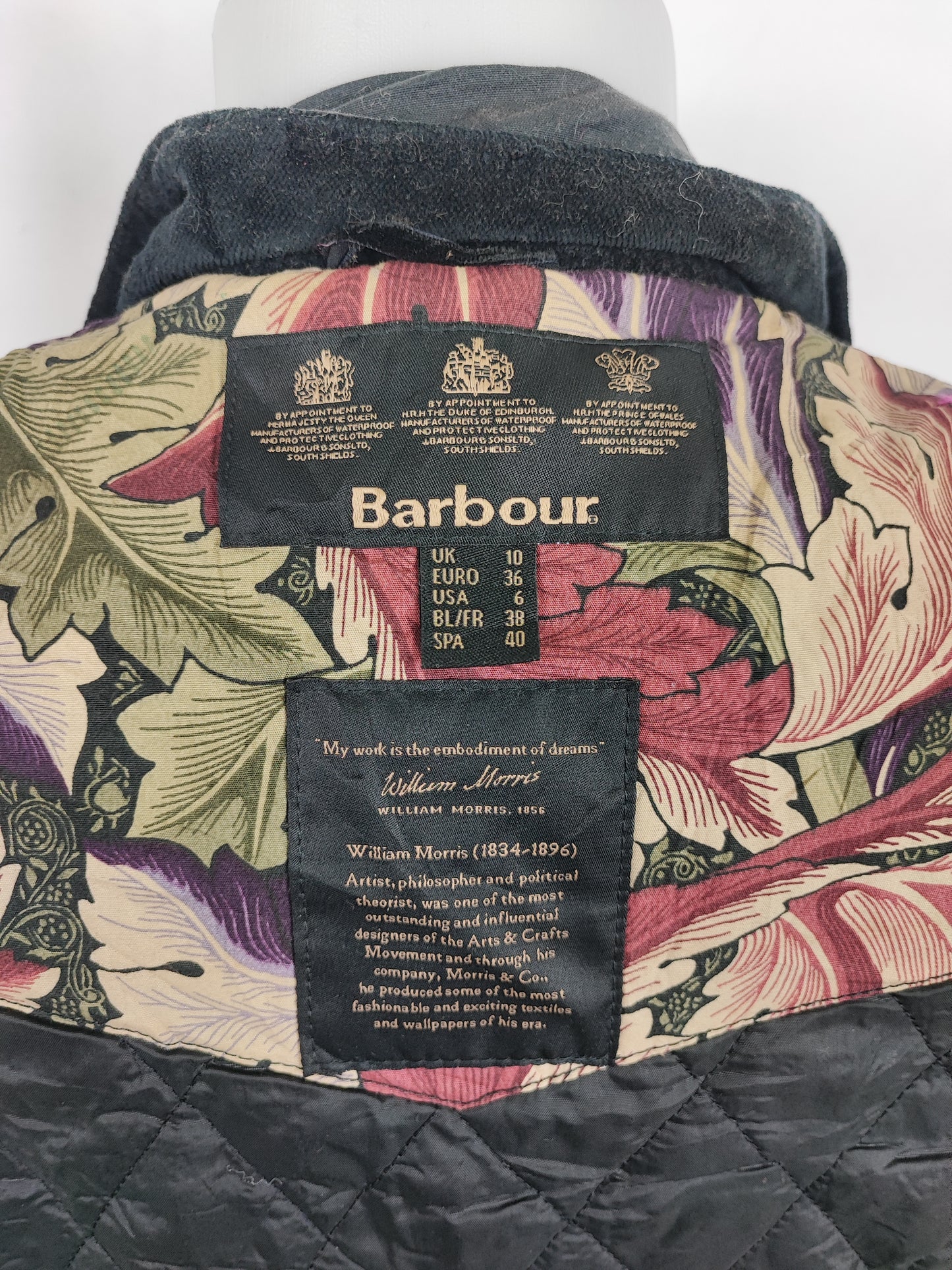 Barbour Morris da donna cerato Nero Small Uk10 - Lady Black Wax Ruskin Morris Jacket size Uk10 Small
