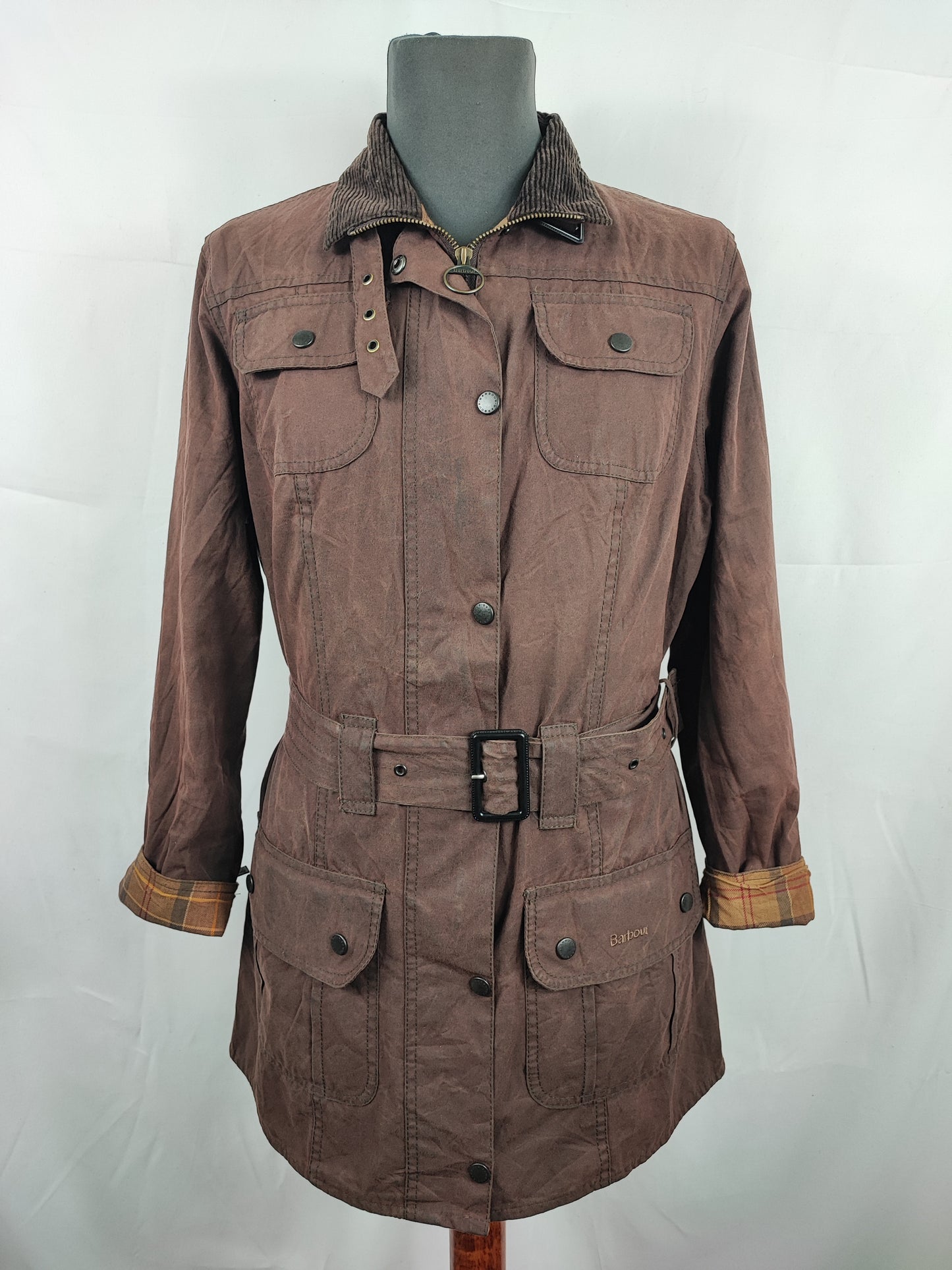 Giacca Barbour Donna con cintura marrone utility mac UK12 tg.42 - Brown Waxed Utility Mac Jacket UK12