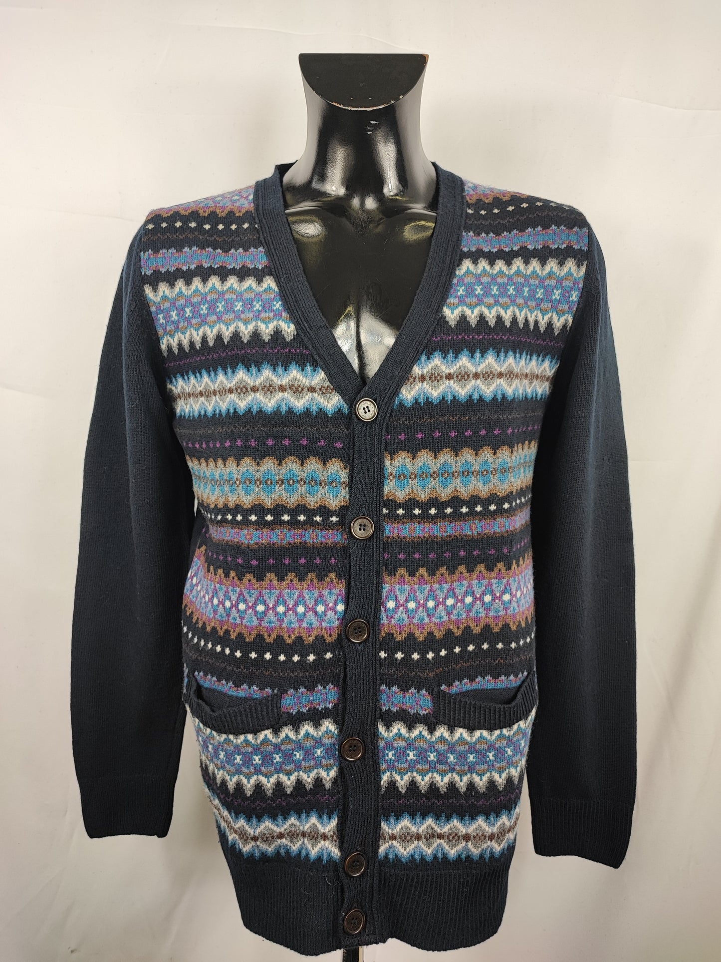 Maglione Barbour da uomo in lana Blu L -Man Mildon Fair Isle Navy Jumper Size Large