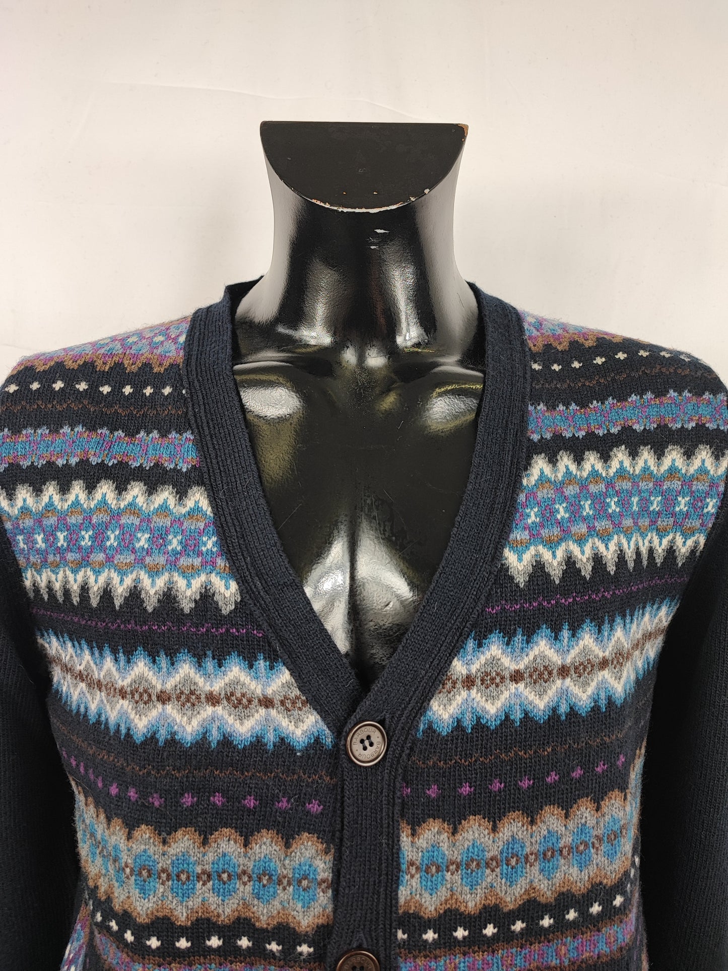 Maglione Barbour da uomo in lana Blu L -Man Mildon Fair Isle Navy Jumper Size Large