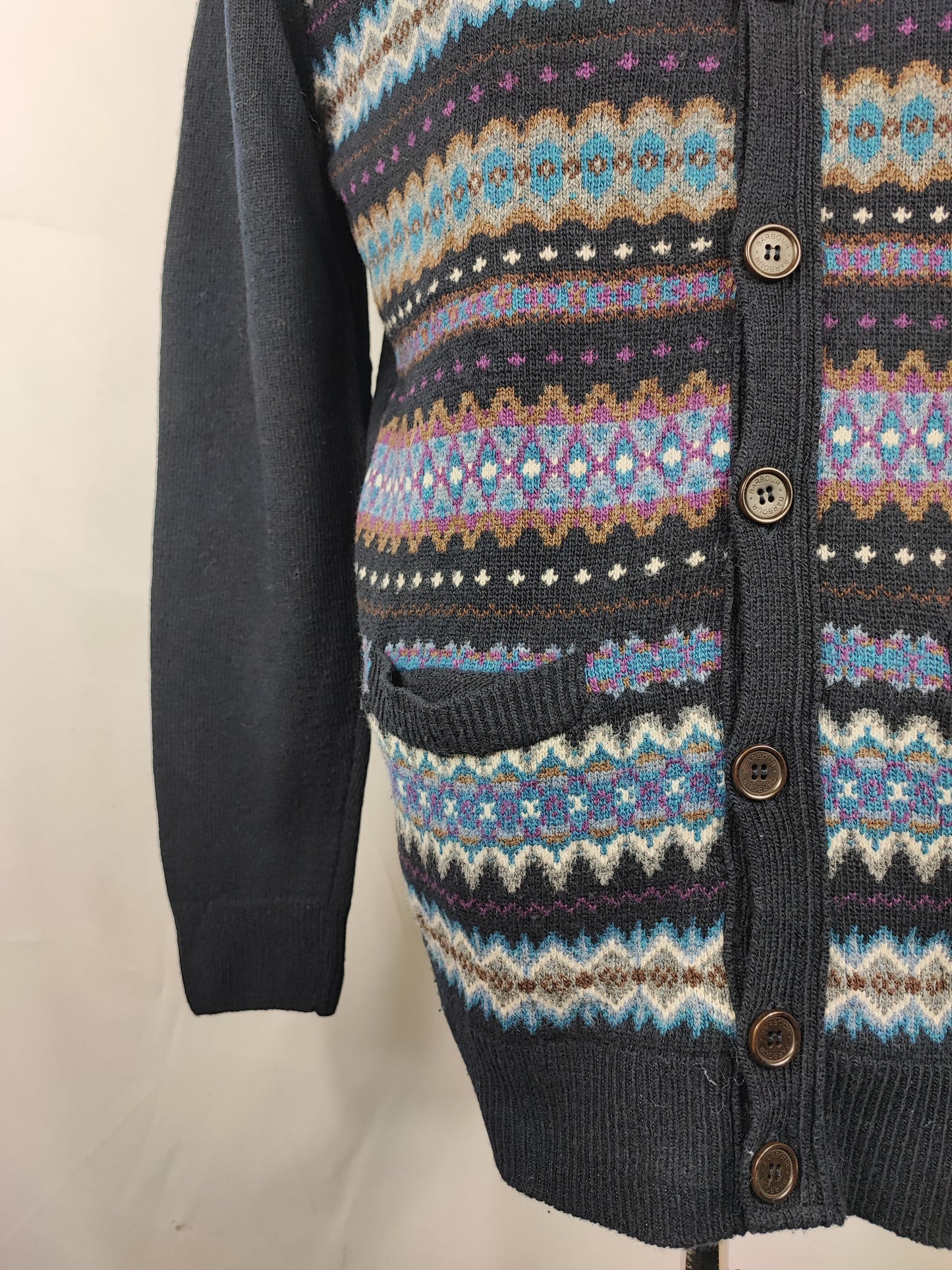 Maglione Barbour da uomo in lana Blu L -Man Mildon Fair Isle Navy Jumper Size Large