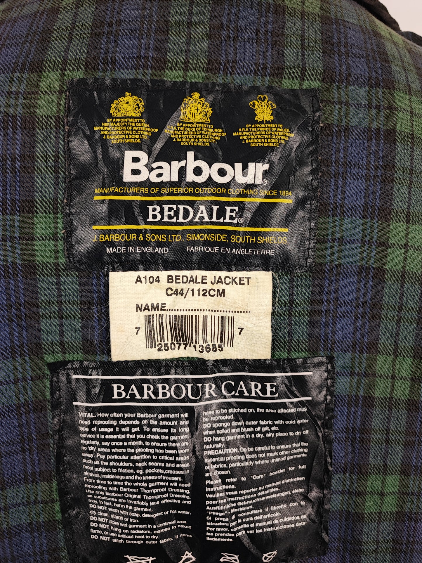 Barbour Bedale Uomo Vintage Nero C44/112 cm Man Bedale waxed Black jacket Size Large