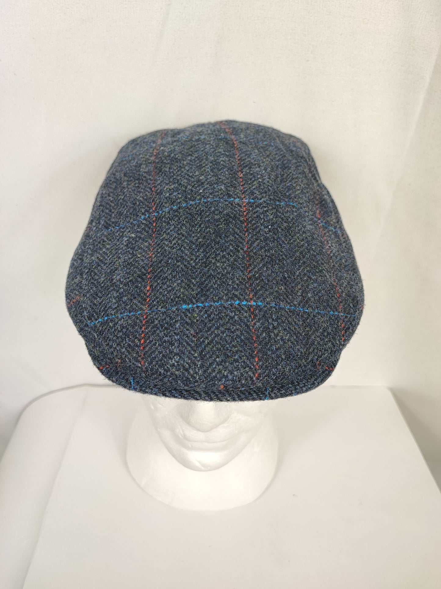 Coppola nuova inglese in lana liscia blu con righe colorate - Wool Navy Herringbone flat cap