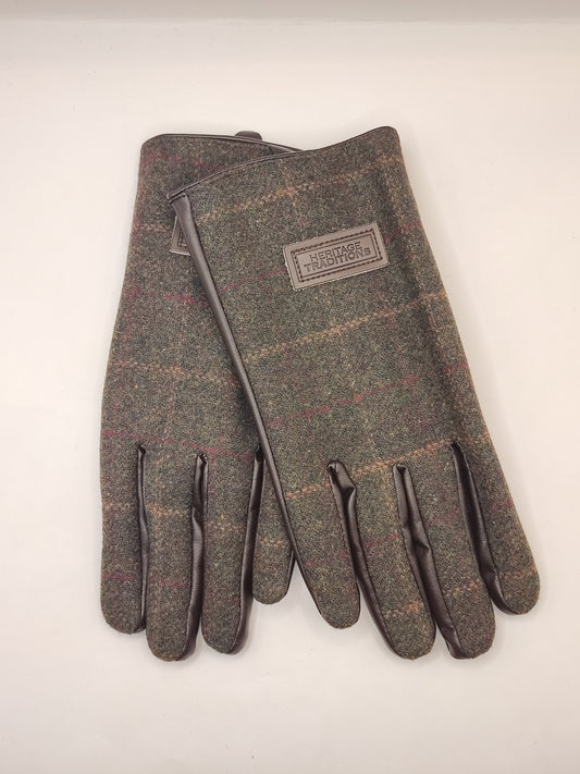 Guanti nuovi inglesi in lana verde scuro e ecopelle