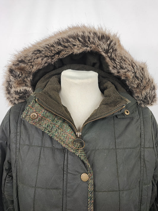 Giacca Barbour da Donna verde in cotone cerato uk 12 tg.42 Olive Lady winter coat with hood size M