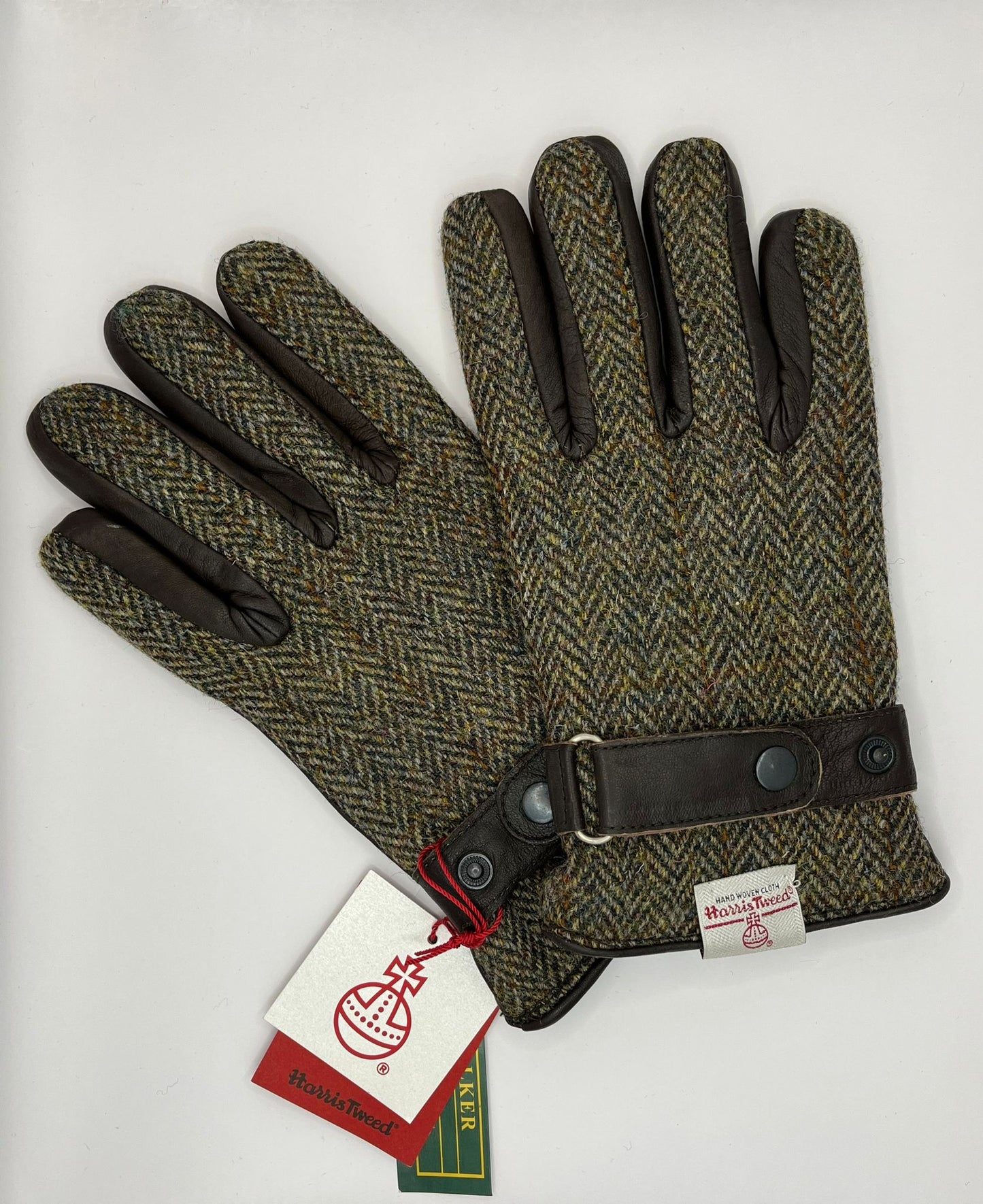 Guanti nuovi verde scuro in lana scozzese Harris Tweed e pelle