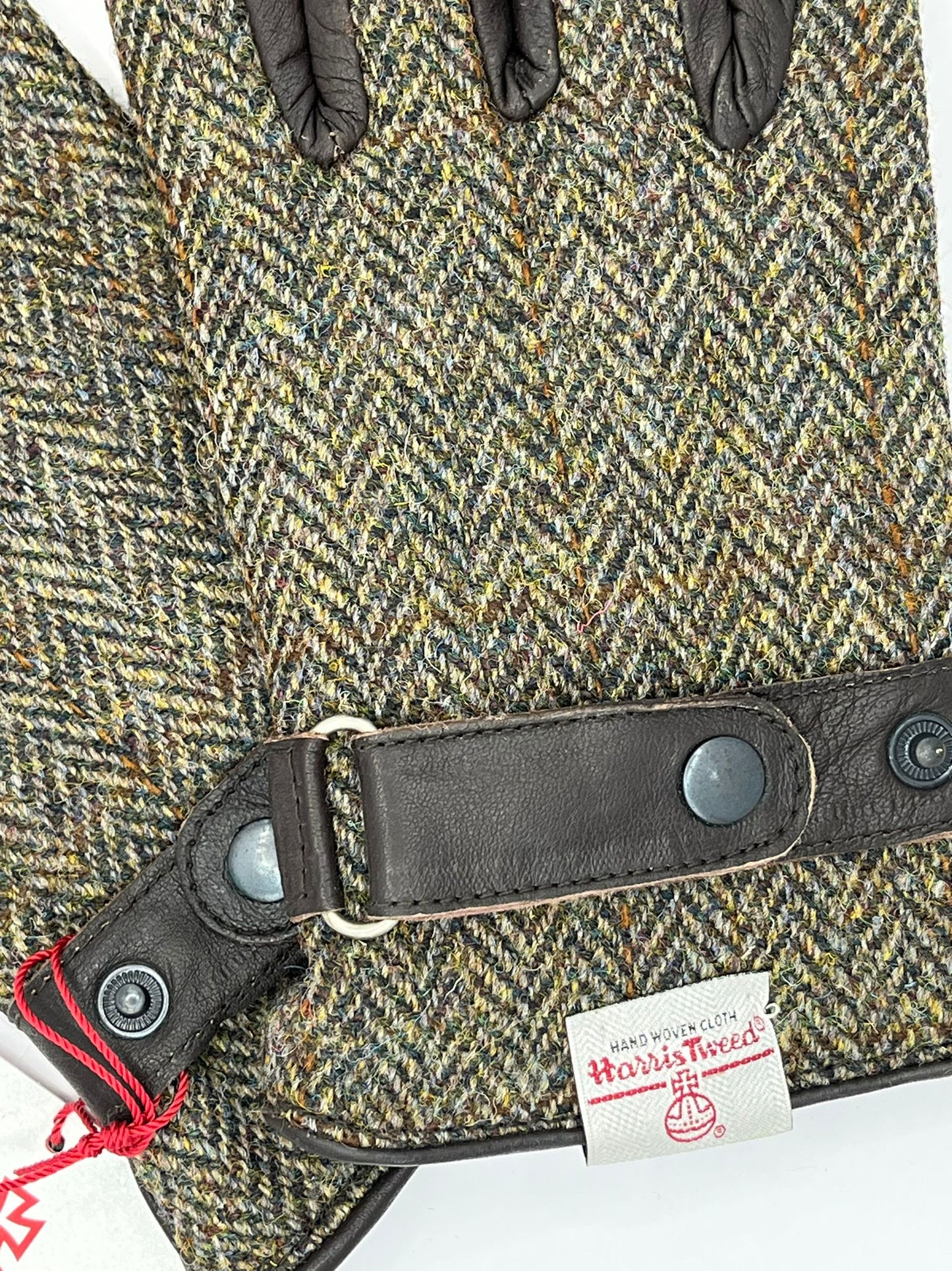 Guanti nuovi verde scuro in lana scozzese Harris Tweed e pelle