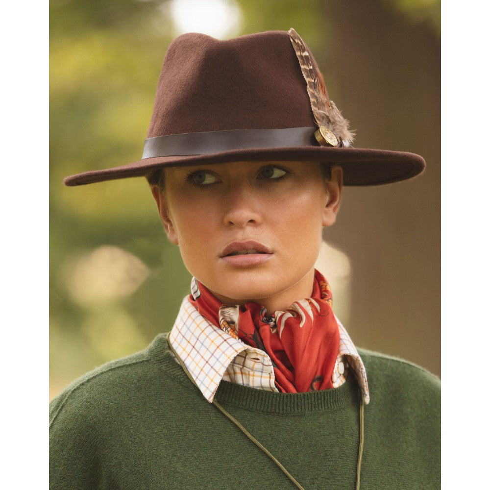 Cappello Fedora inglese unisex con inserti pelle e piume di colore marrone