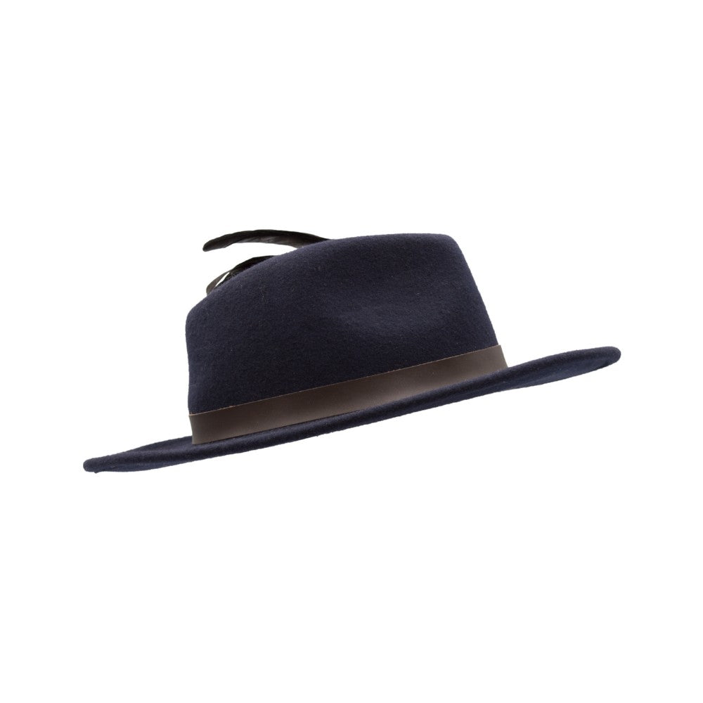 Cappello Fedora inglese unisex con inserti pelle e piume di colore blu notte