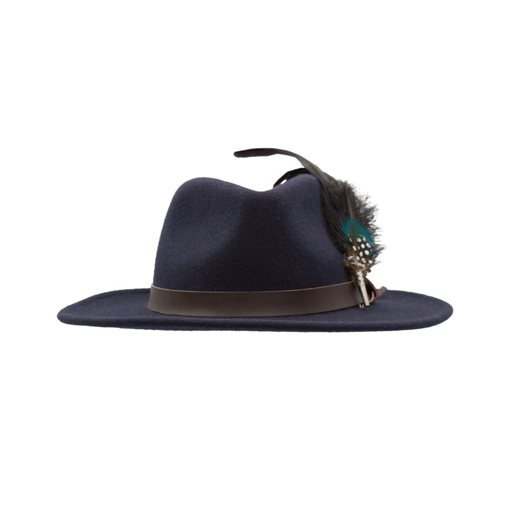 Cappello Fedora inglese unisex con inserti pelle e piume di colore blu notte