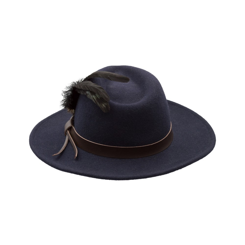 Cappello Fedora inglese unisex con inserti pelle e piume di colore blu notte