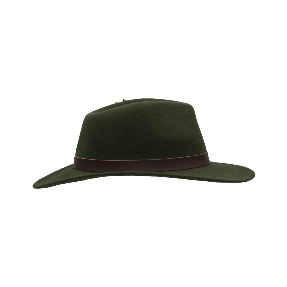 Cappello Fedora in lana inglese unisex con inserti pelle e piume di colore verde scuro