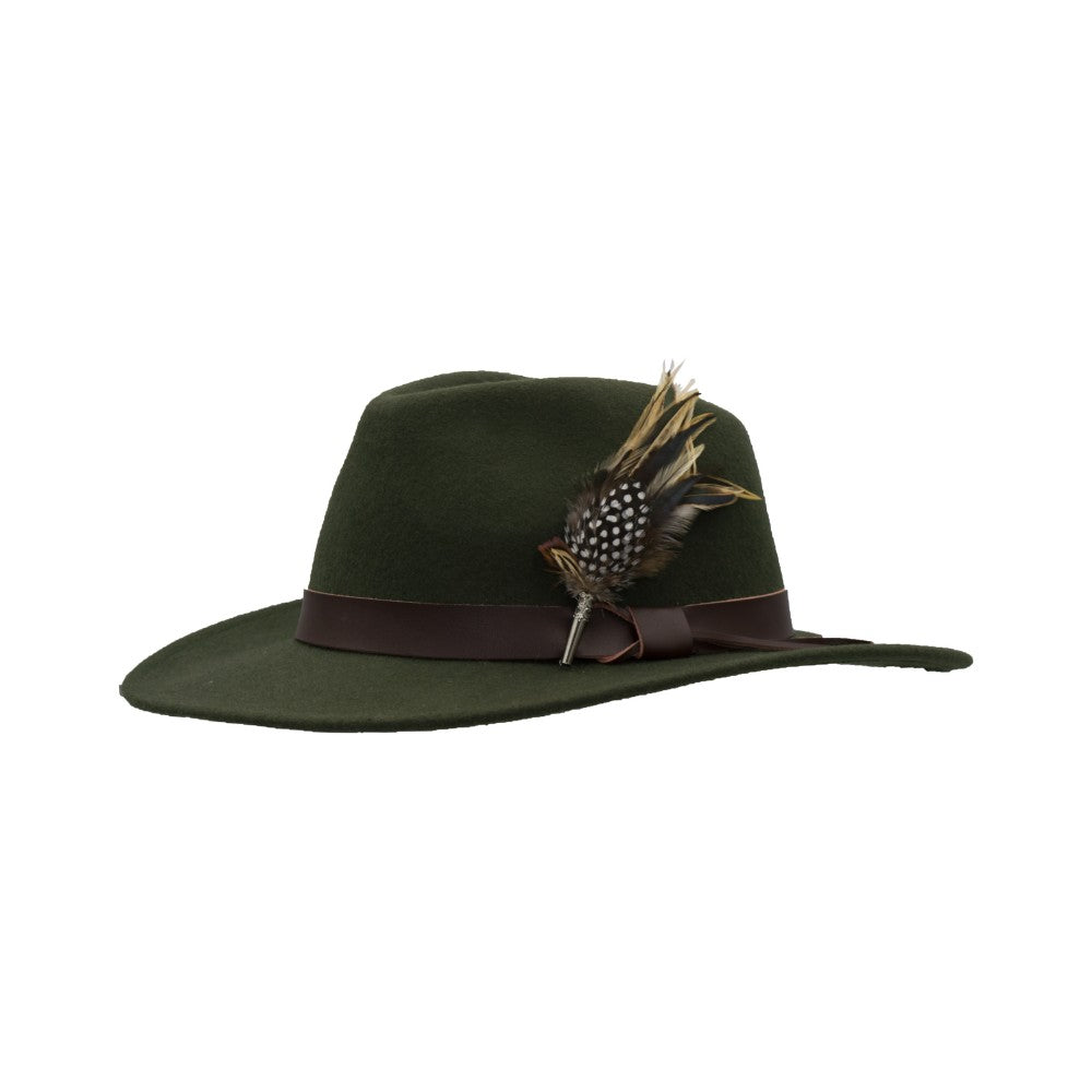 Cappello Fedora in lana inglese unisex con inserti pelle e piume di colore verde scuro