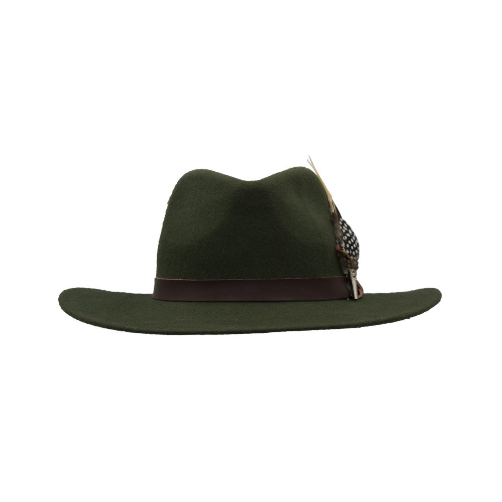 Cappello Fedora in lana inglese unisex con inserti pelle e piume di colore verde scuro