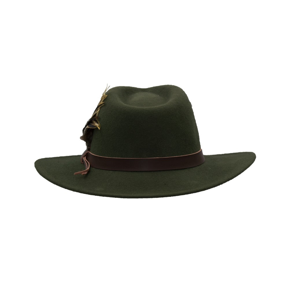 Cappello Fedora in lana inglese unisex con inserti pelle e piume di colore verde scuro