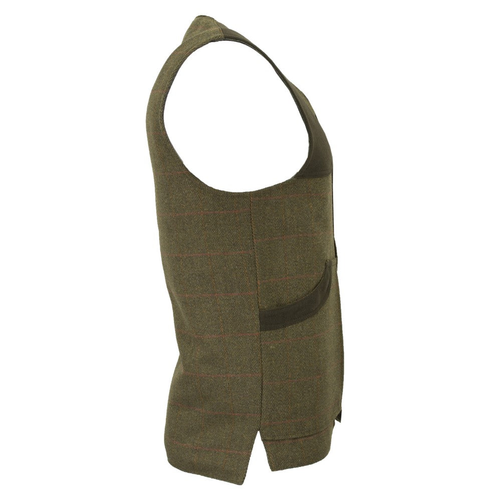 Gilet nuovo da uomo in tweed verde scuro con inserti in Moleskin Derby Tweed Winston Waistcoat