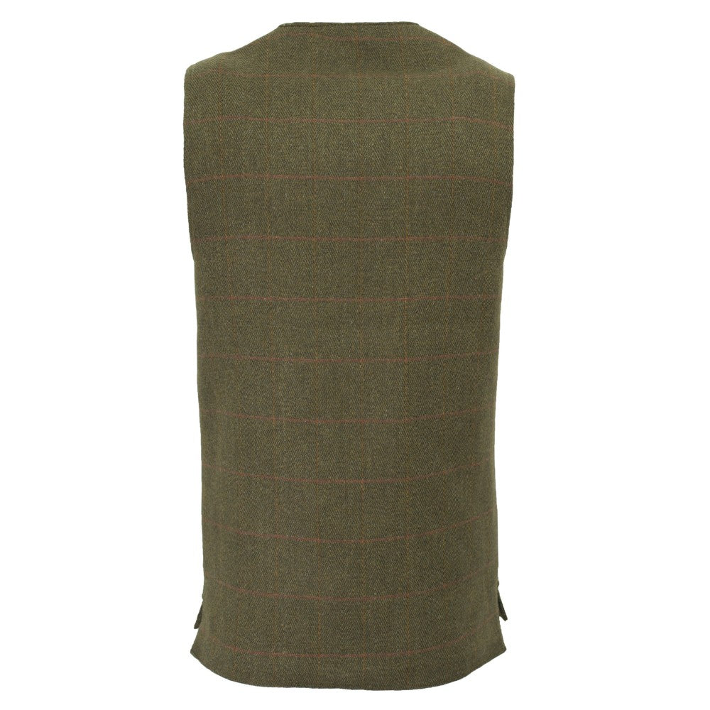 Gilet nuovo da uomo in tweed verde scuro con inserti in Moleskin Derby Tweed Winston Waistcoat