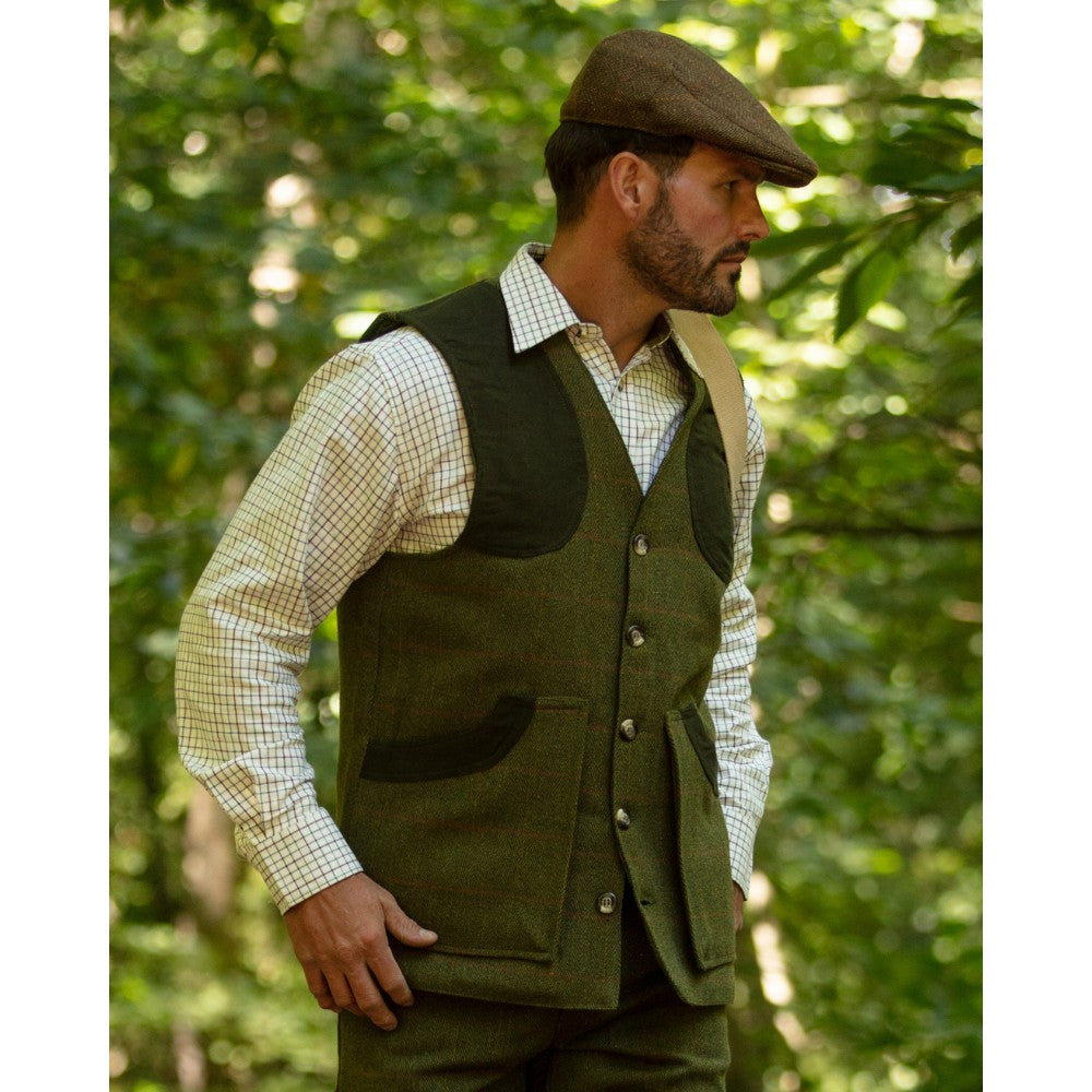 Gilet nuovo da uomo in tweed verde scuro con inserti in Moleskin Derby Tweed Winston Waistcoat