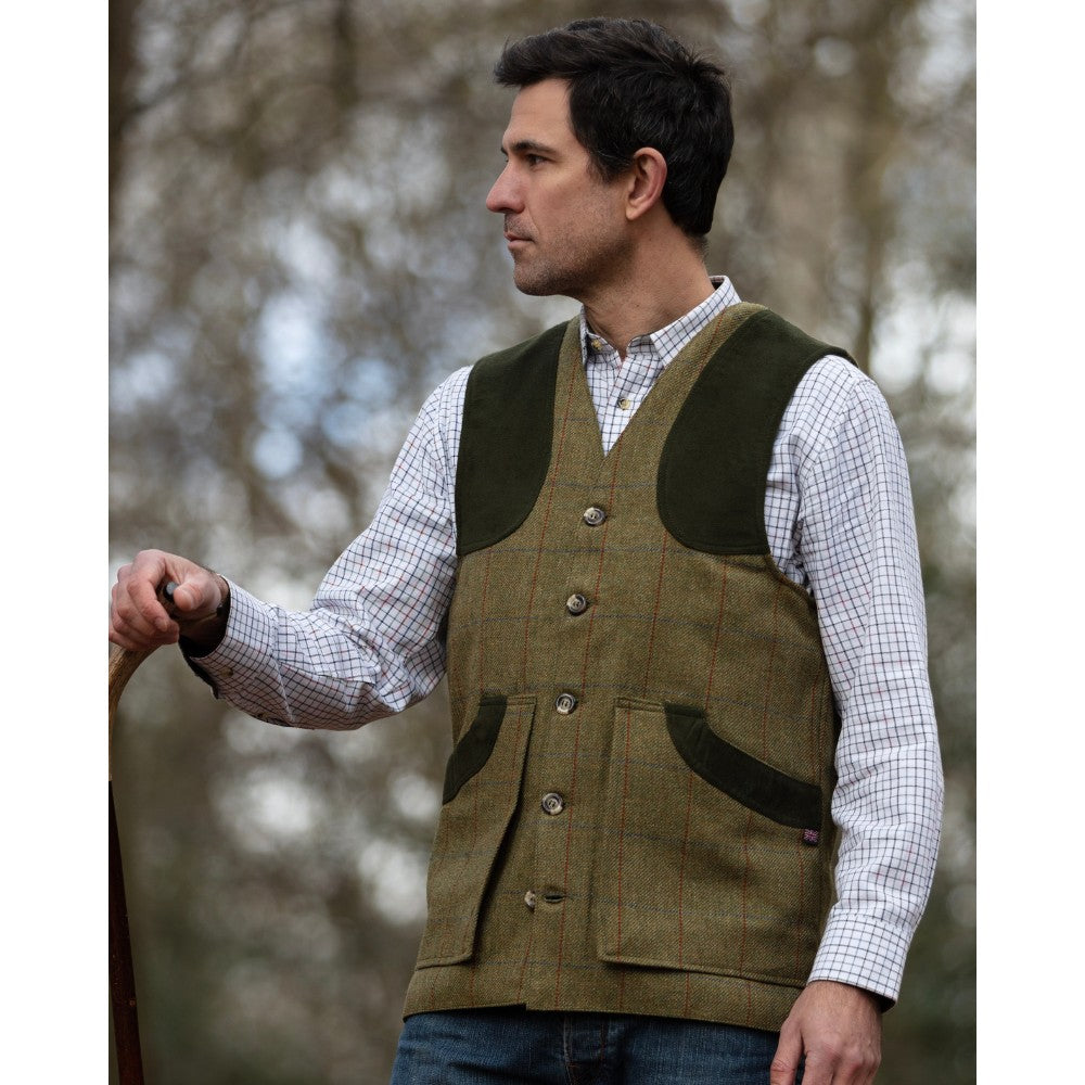 Gilet nuovo da uomo in tweed verde chiaro con inserti in Moleskin Derby Tweed Winston Waistcoat
