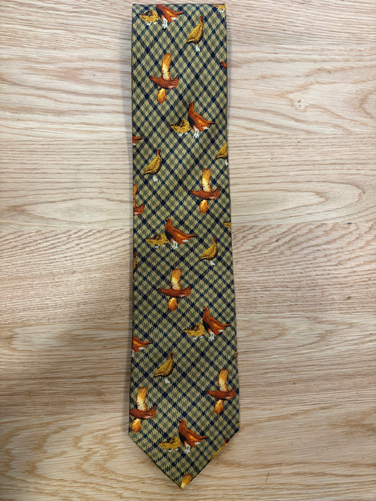 Cravatta inglese in seta tartan con Gallo cedrone - English Tartan grouse Tie