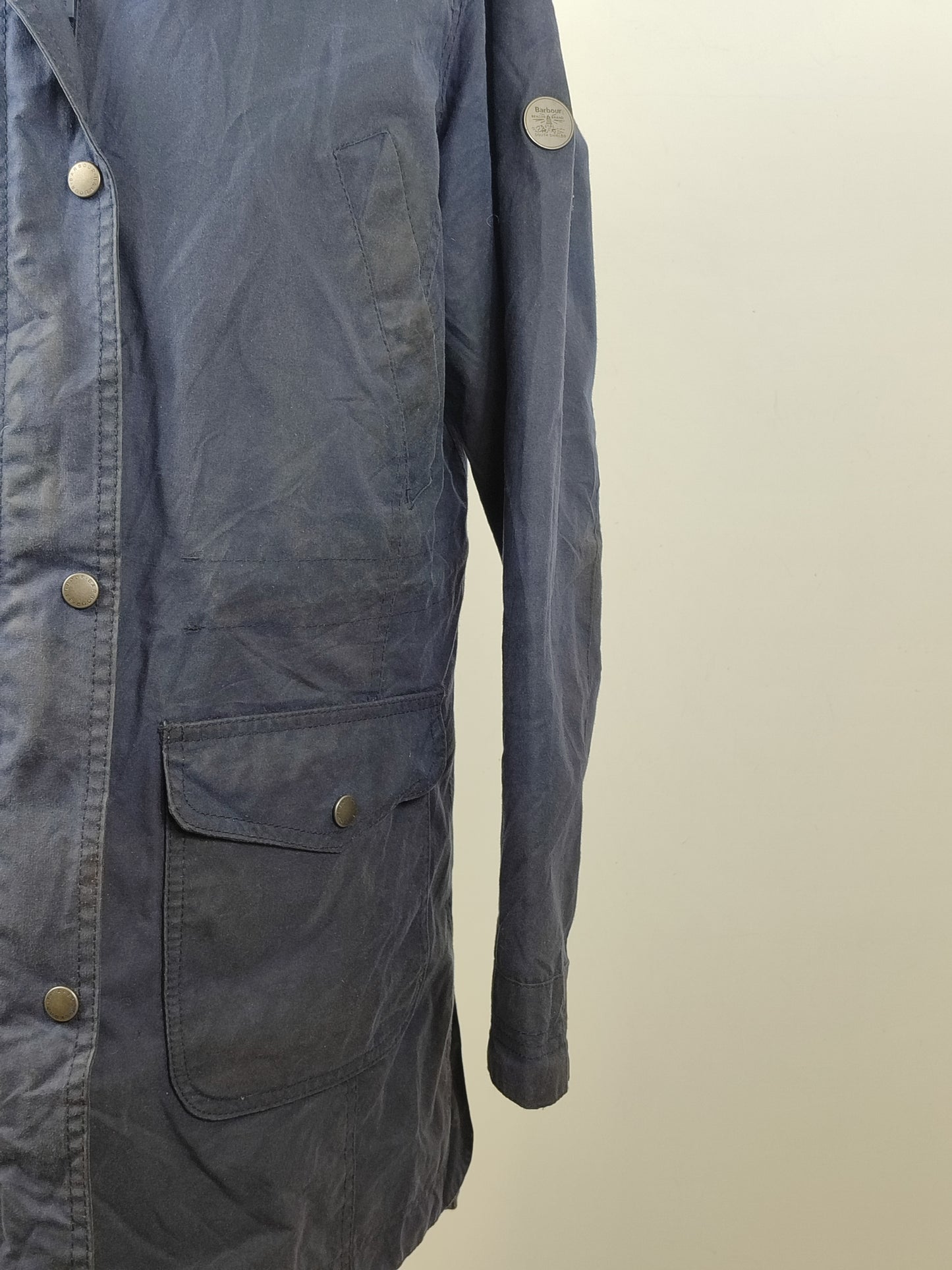 Giacca Barbour blu imbottito da donna UK12 Medium -Lady Navy wax Bridport coat size UK12