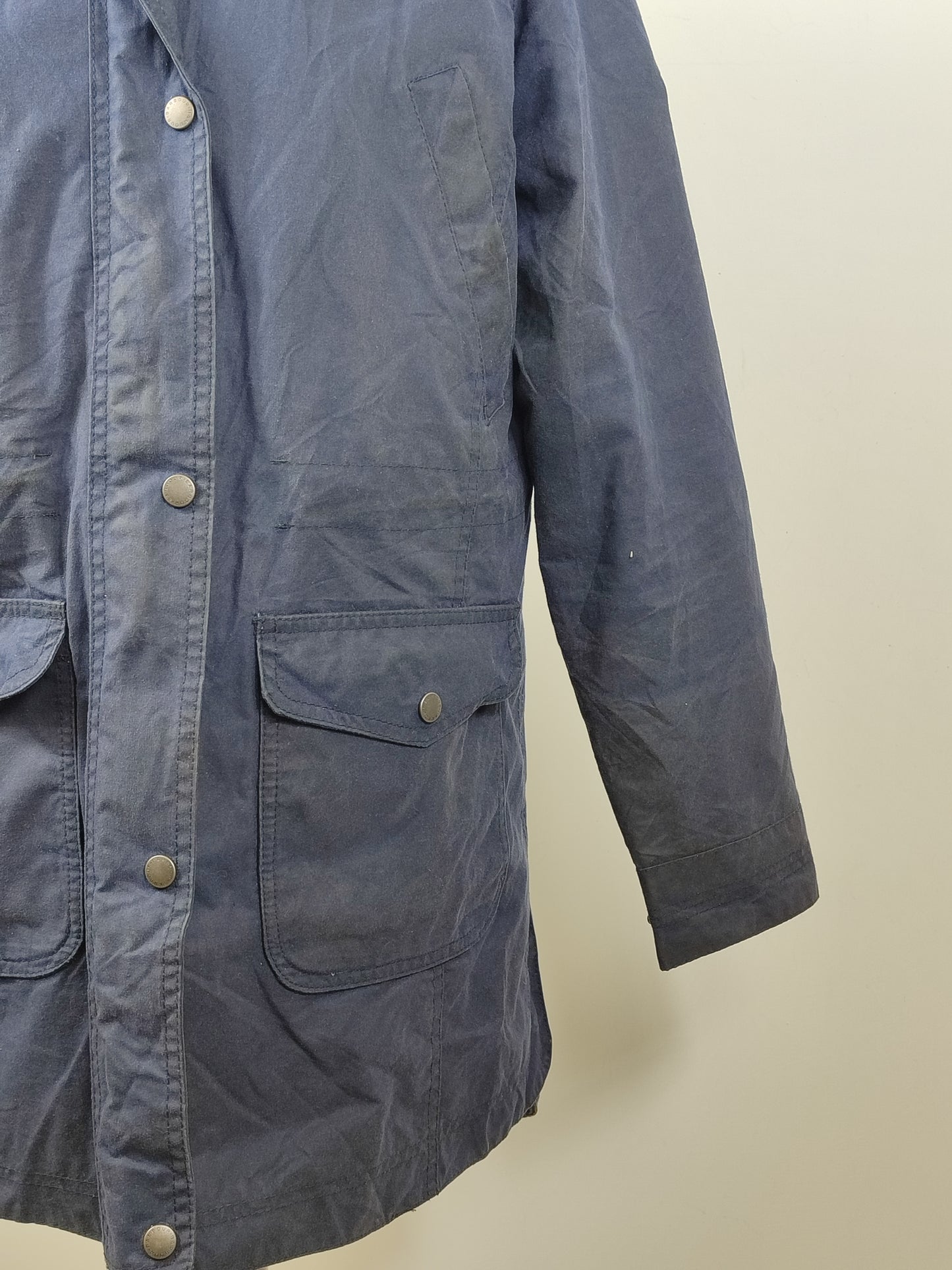 Giacca Barbour blu imbottito da donna UK12 Medium -Lady Navy wax Bridport coat size UK12