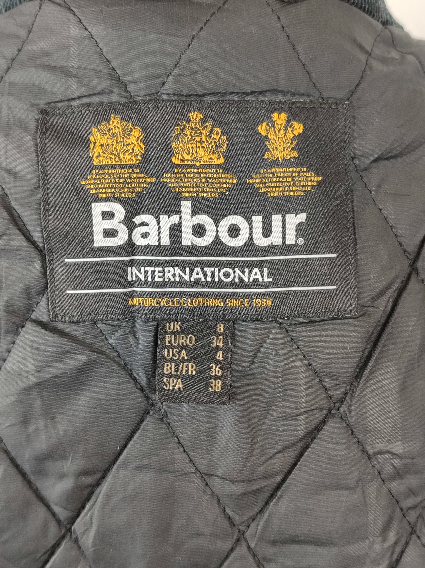 Giacca Barbour International da donna blu uk8 Xsmall -Lady Navy wax Fins jacket size UK8