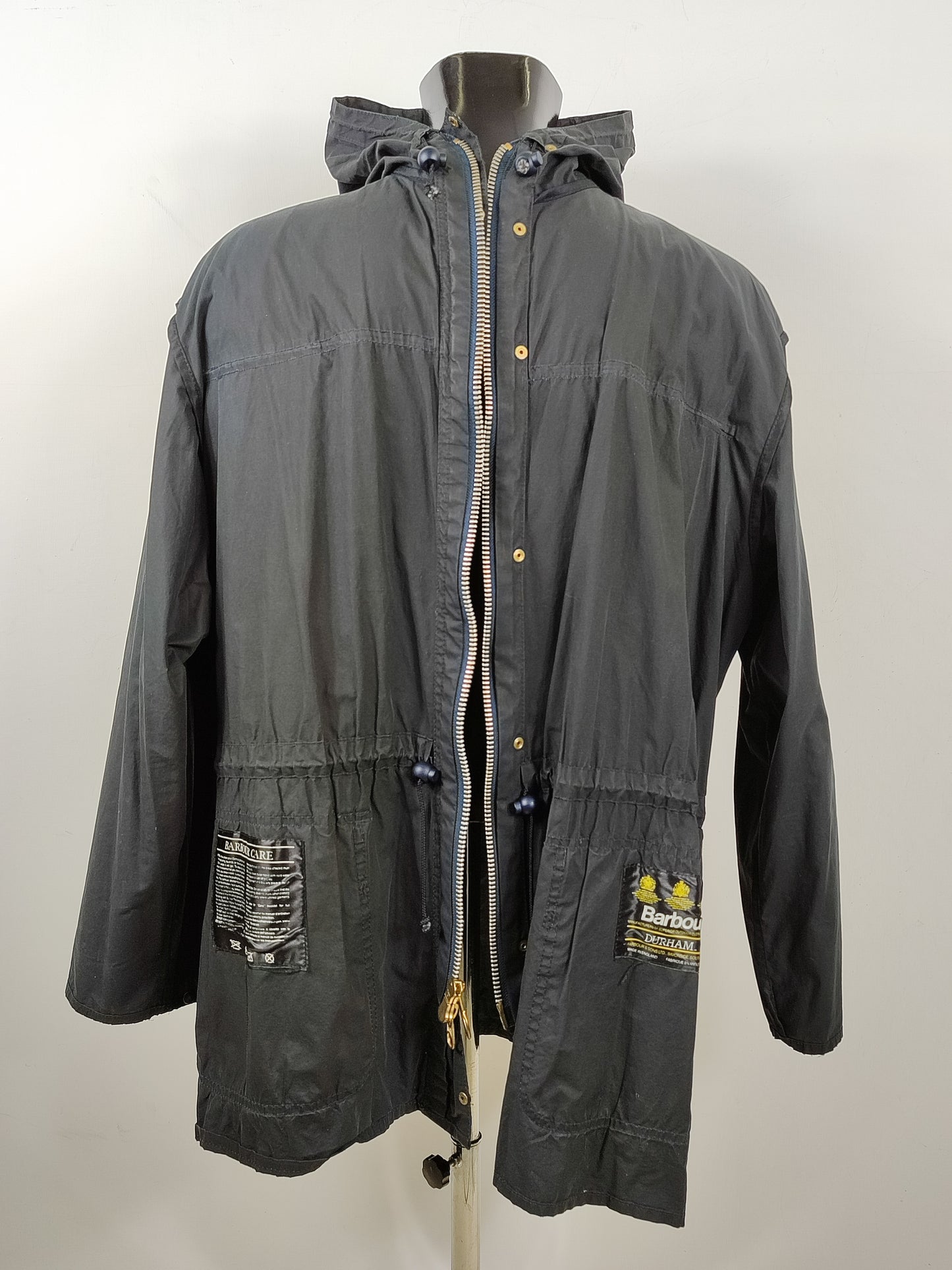 RARO Barbour vintage Durham blu con cappuccio C44/112 cm Navy Unlined Hooded waxed Durham Size L