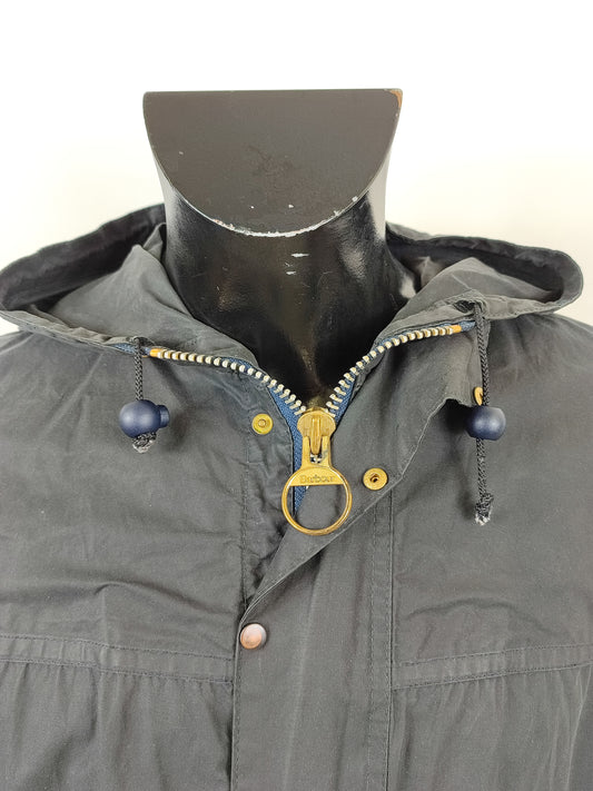 RARO Barbour vintage Durham blu con cappuccio C44/112 cm Navy Unlined Hooded waxed Durham Size L