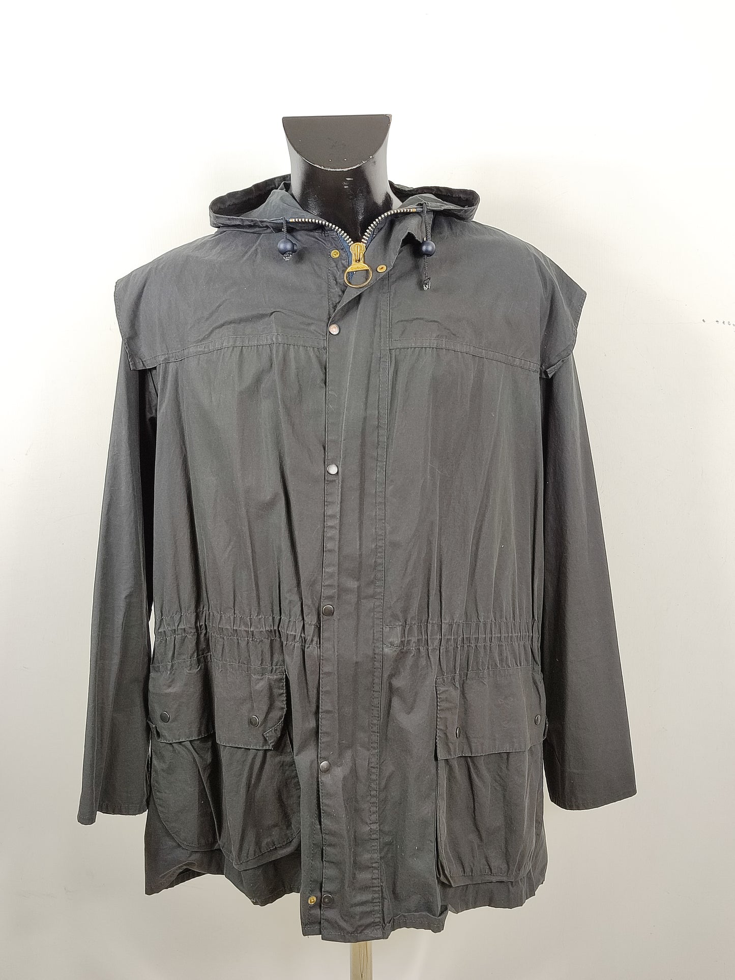 RARO Barbour vintage Durham blu con cappuccio C44/112 cm Navy Unlined Hooded waxed Durham Size L