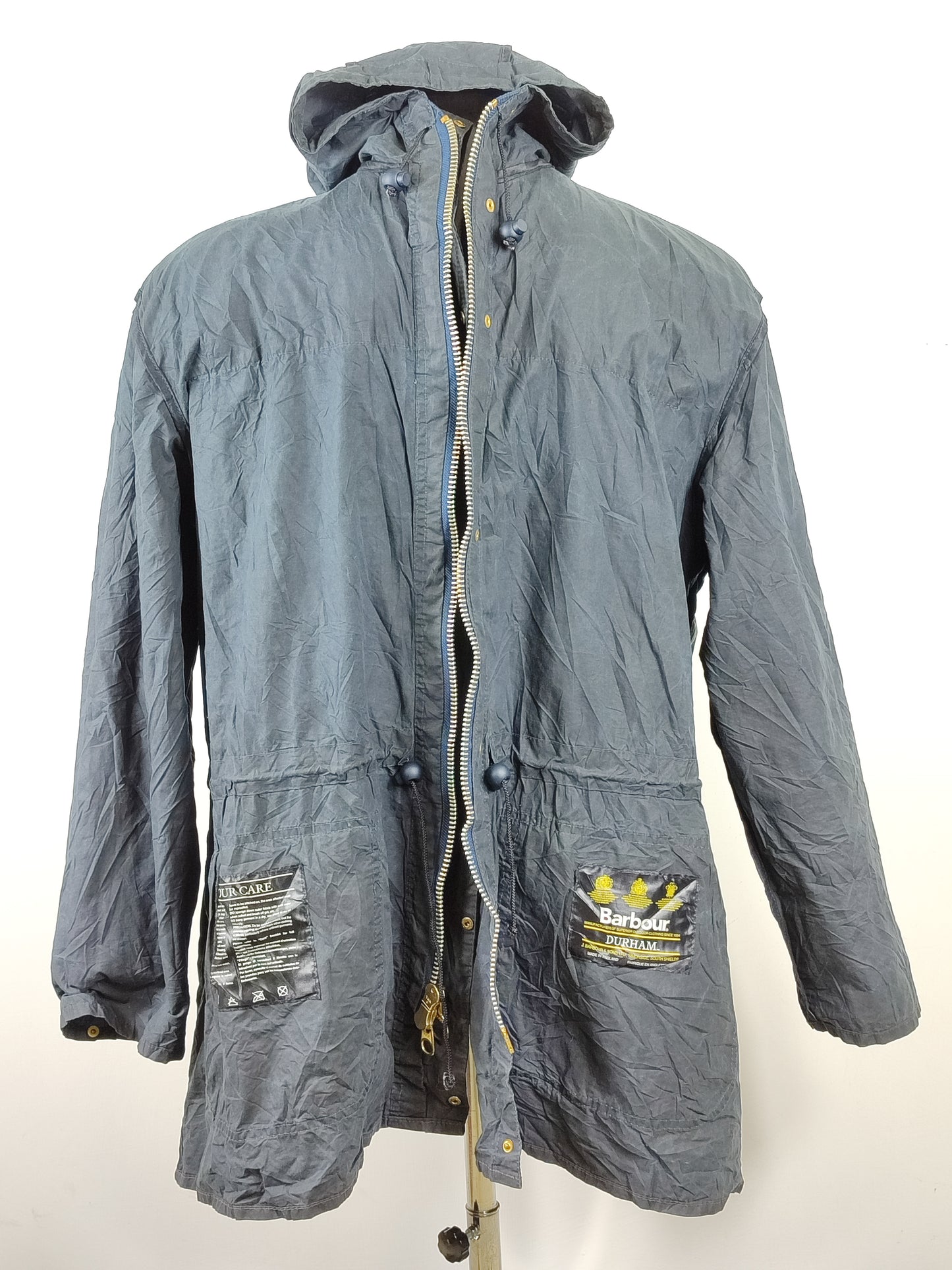 RARO Barbour Durham blu unlined con cappuccio C42/107 cm Navy Hooded waxed Durham Large